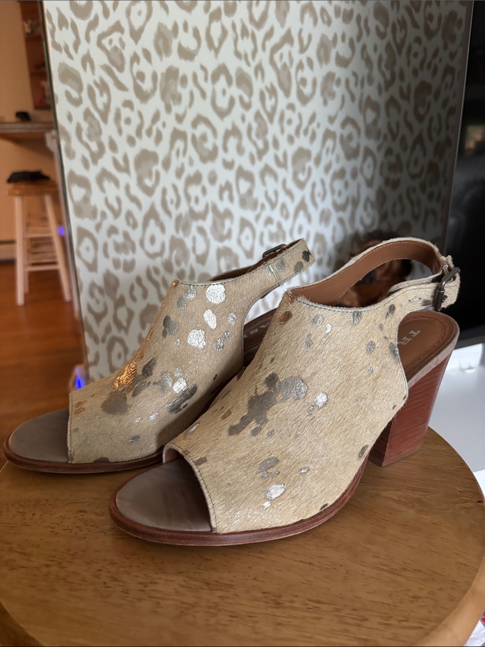 Trask Tan Ponyhair Open-Toe Block Heel Sandals with Silver Spots